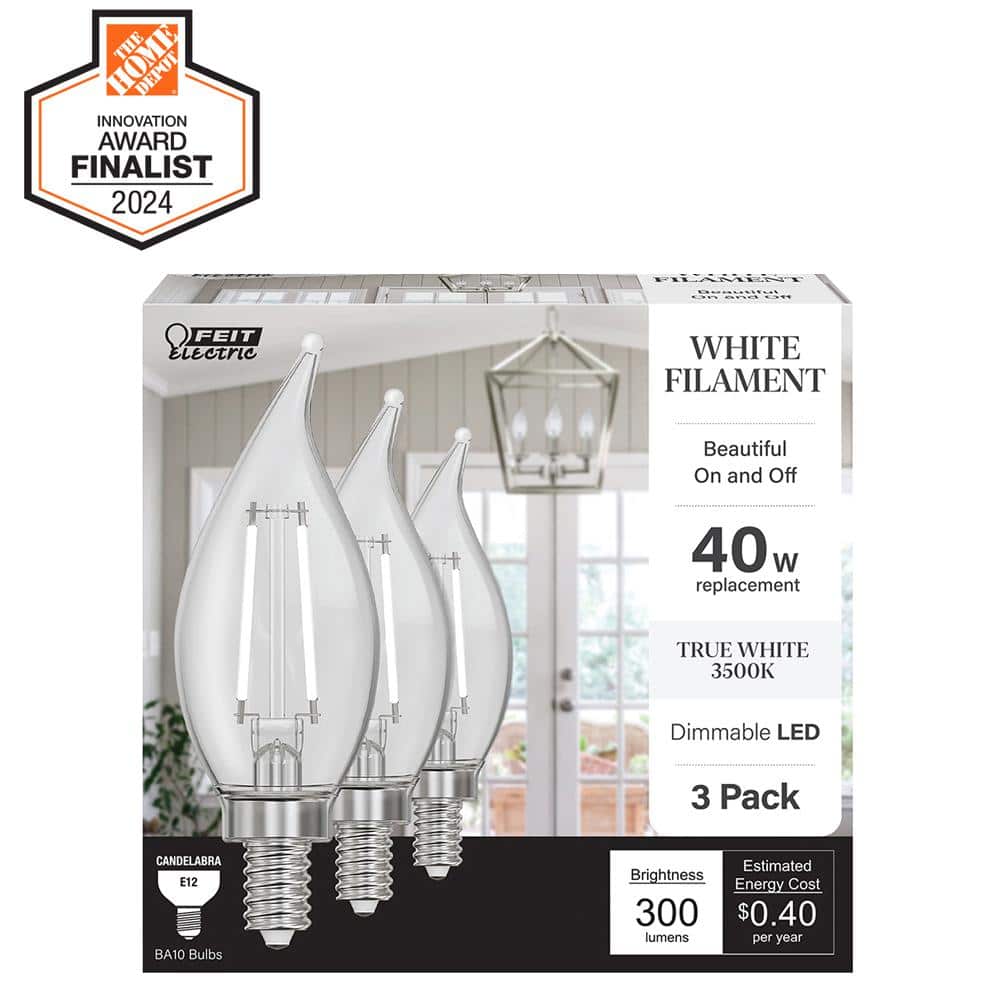 40W Equivalent BA10 E12 Candelabra Dim White Filament Clear Glass Chandelier LED Light Bulb True White 3500K (3-Pack) price history on PriceWatchPro
