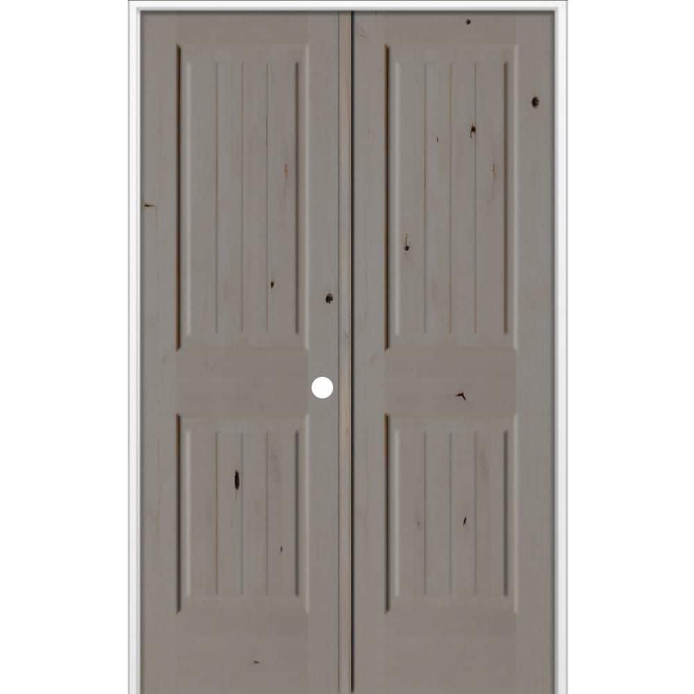48 in x 80in Knotty Alder 2-Panel V-Groove Solid Wood Left-Active BEHR Weathered Gray Stain Double Prehung Interior Door price history on PriceWatchPro