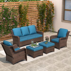 Brown Gray 5-Piece Wicker Outdoor Patio Conversation Seating Set with Peacock Blue Cushions