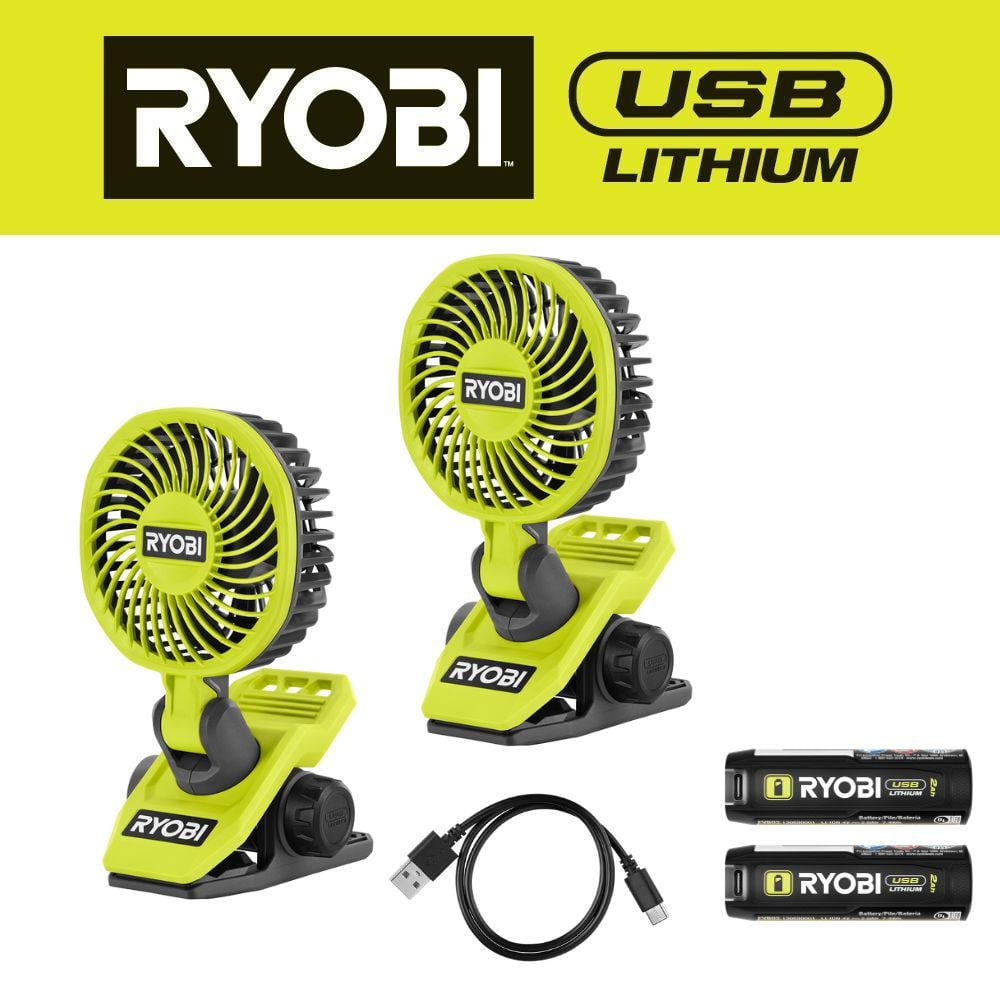 RYOBI USB Lithium Clamp Fan Kit 2-Pack with (2) 2.0 Ah USB Lithium ...