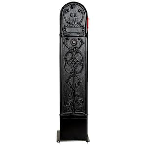 MailKeeper Black Column Mount Locking Mailbox with Decorative Old English Design Front