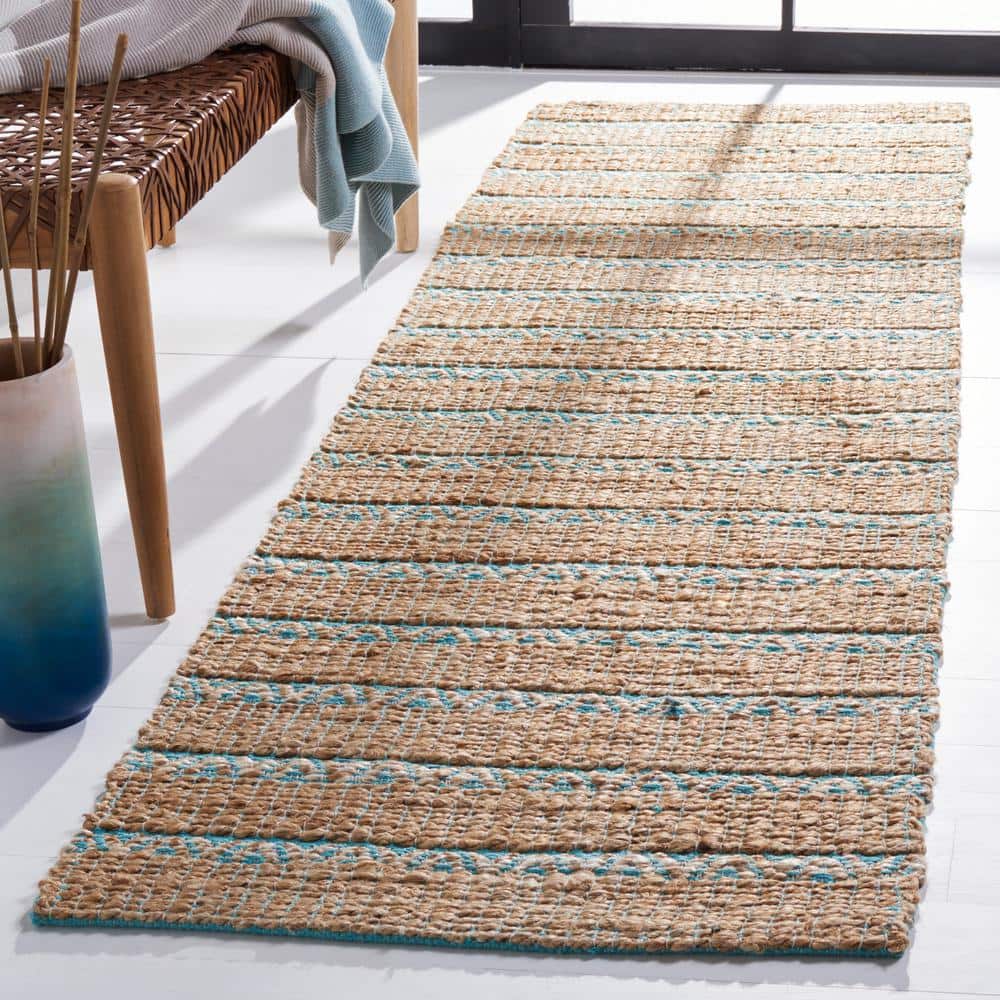 Teal and Natural Handwoven Cotton Jute Runner Rug
