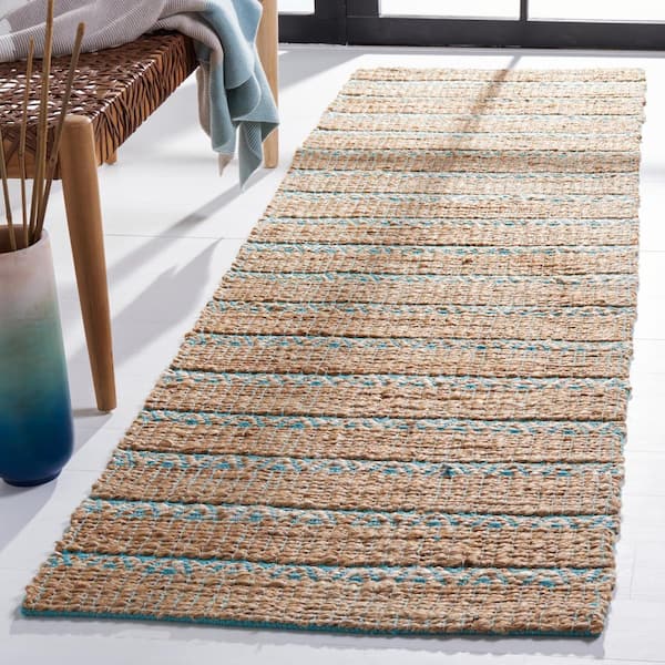 Natural Fiber Teal/Beige 2 ft. x 8 ft. Striped Woven Runner Rug