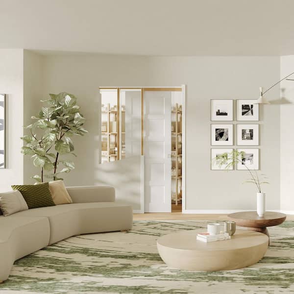 30 in. x 80 in. 5-Panel White Primed Pine Wood Sliding Pocket Door with Lock, Soft Close and Frame Kit Set, Laundry Door