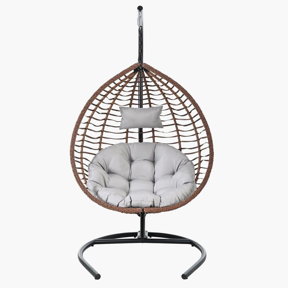 Brown Durable HDPE Wicker Iron Frame Foldable Patio Swing Egg Chair with Gray Cushion and Headrest