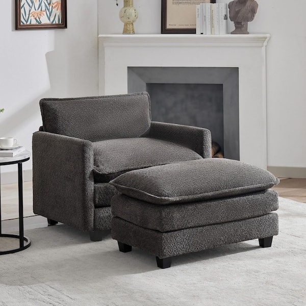 41.34 in. Carbon Ash Circle Velvet Upholstered Accent Armchair with Large Seat and Ottoman for Bedroom Living Room