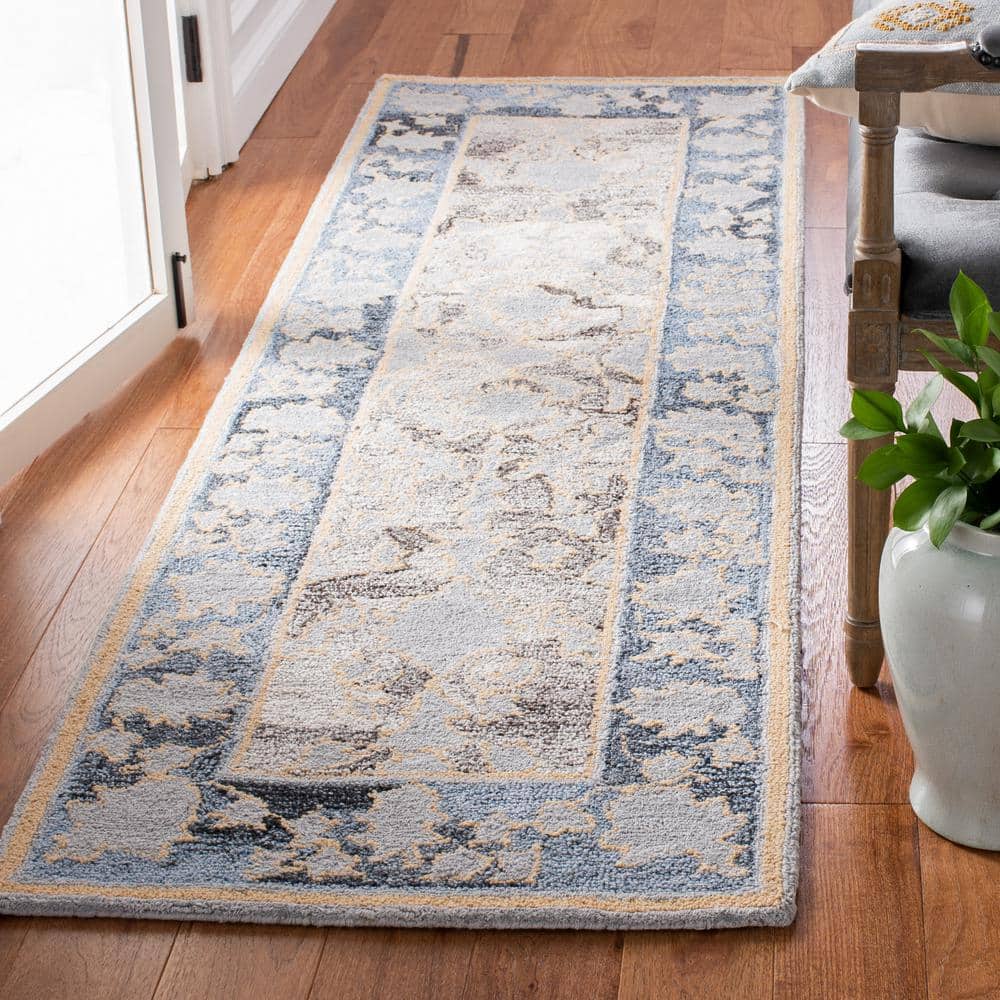 Handmade Blue and Beige Wool Abstract Runner Rug, 2'-3" x 8'