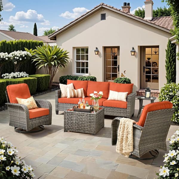 Aurora 5-Piece Wicker Patio Conversation Sofa Set with Swivel Rocking Chairs and Orange Red Cushions