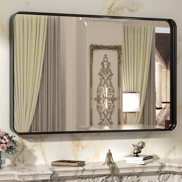 TETOTE 40 in. W x 30 in. H Rectangular Aluminum Framed Wall Mount Bathroom Vanity Mirror in Black