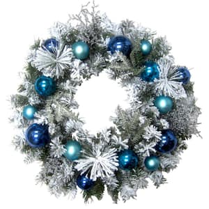 24 in. Artificial Christmas Wreath with Multi-Hued Blue Ornaments