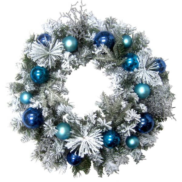 Fraser Hill Farm 24 in. Artificial Christmas Wreath with Multi-Hued Blue Ornaments