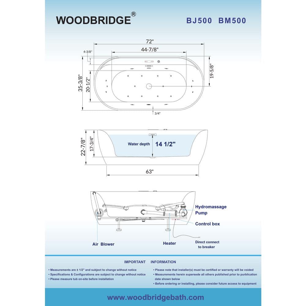 72" White Acrylic Freestanding Whirlpool Tub with Matte Black Trim