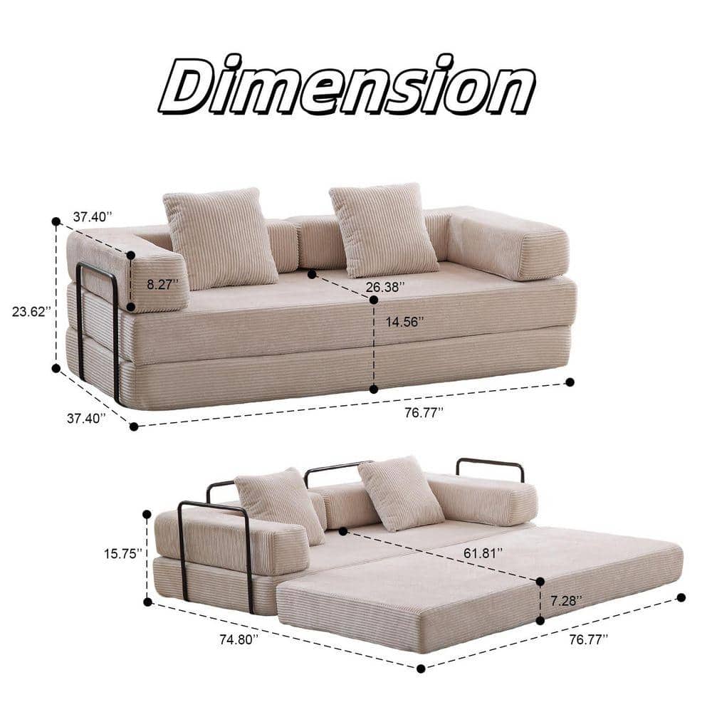 Dimension diagram of the light gray corduroy sectional sofa.