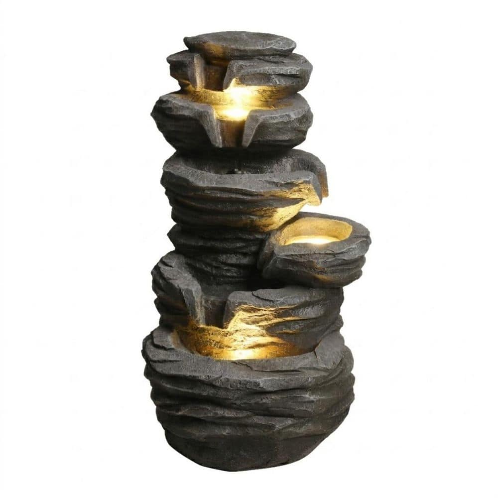 Piper 25.6 in. Gray Resin 6-Tiered Cascading Waterfall Fountain with LED Lights, Stacked Rock Design price history on PriceWatchPro