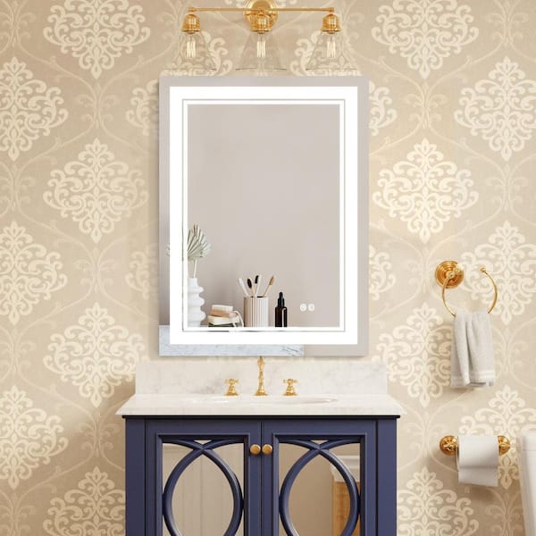 ANGELES HOME 24 in. W x 36 in. H Rectangular Frameless Anti-Fog Wall Mount LED Lighted Bathroom Vanity Mirror in Silver