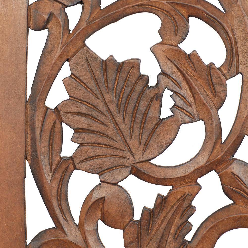 Brown Wood Carved Botanical Rectangular Wall Panel