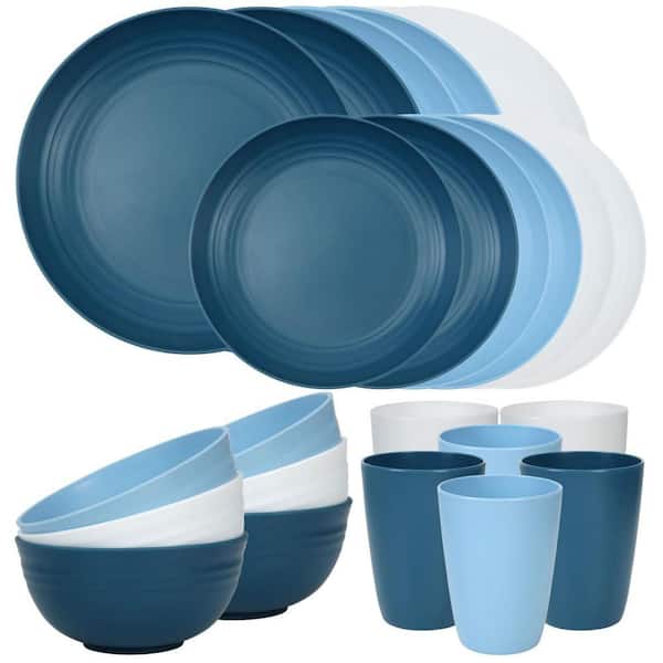 24-Piece Unbreakable Dinnerware Set, Outdoor Kitchen, Apartment Dinning and RV Essentials, Blue (Service for 6)