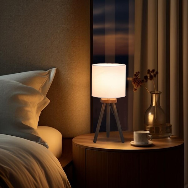 Keazile Daisy 18 in. Walnut Tripod Table Lamp with Solid Wood Legs