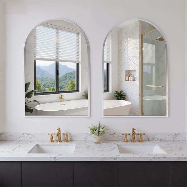Silver 24 in W x 36 in. H Modern Arch Aluminum Alloy Framed Wall Vanity Mirror Wall Decor for Bathroom, Set of 2