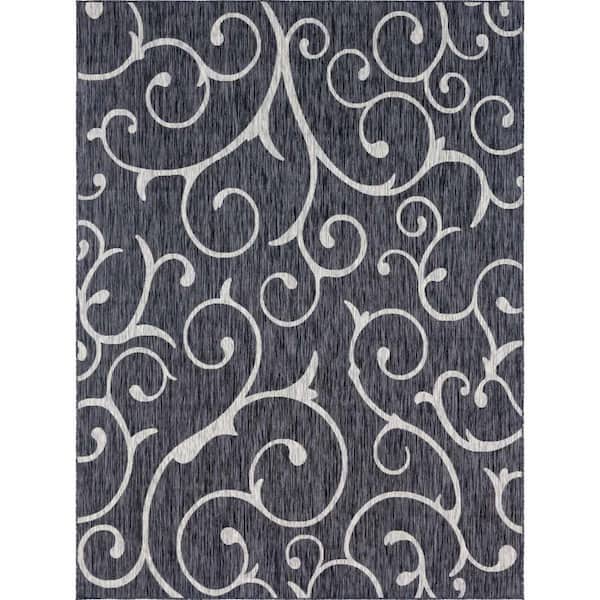 Unique Loom Outdoor Curl Charcoal Gray 9 ft. x 12 ft. Area Rug