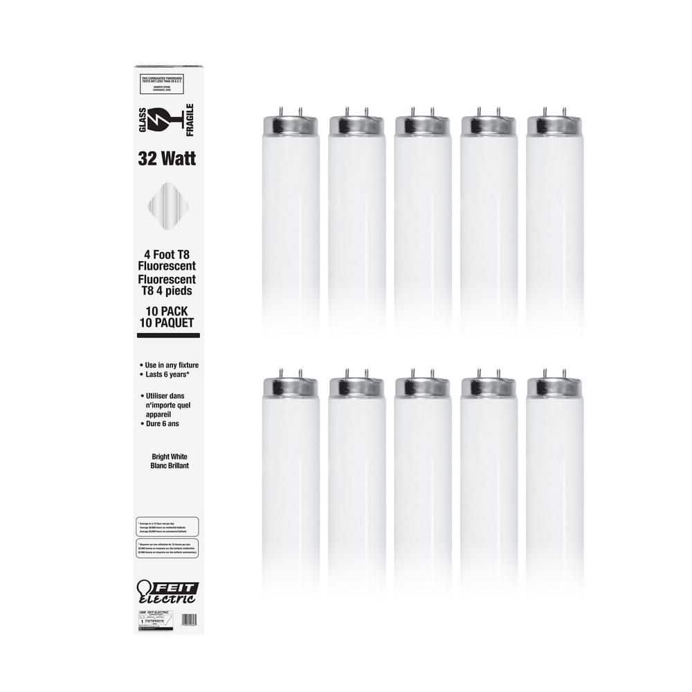 Feit Electric - 32-Watt 4 ft. T8 G13 Linear Fluorescent Tube Light Bulb, Bright White 3000K (10-Pack)