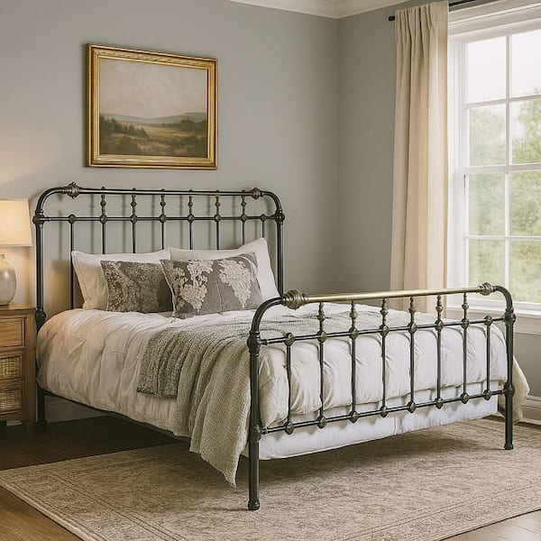 Benjara Black and Gold Metal Frame Queen Platform Bed with 7-Spindles on Headboard and Footboard