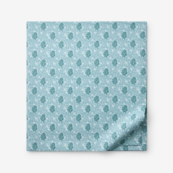 The Company Store Company Cotton Mini Garden Flower Blue/Ivory Cotton Percale Twin/Twin XL Flat Sheet