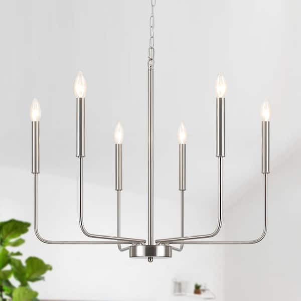 6-Light Nickel Classic Farmhouse Candle Style Chandelier for Living Room with No Bulbs Included