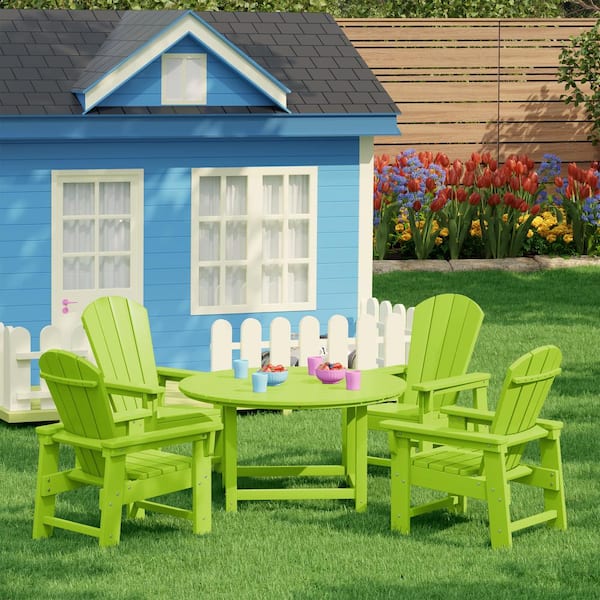 Children's Laguna Outdoor Patio All Weather Plastic 5-Piece Kids Adirondack Round Picnic Table Dining Set in Lime