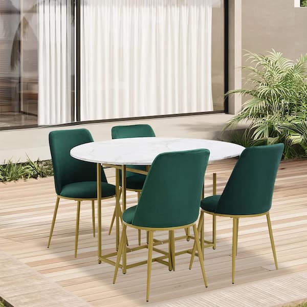 5-Piece Gold Metal Patio Outdoor Dining Set with Green Cushions and 1 Dining Table