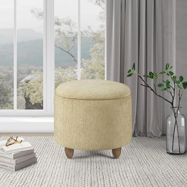 OSP Home Furnishings Lyra Storage Ottoman in Camel Fabric with Medium Oak Legs