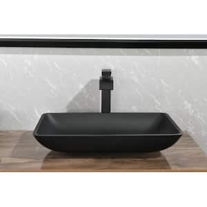 22 in . Corner Bathroom Sink Matte Black Glass Rectangle Vessel Bathroom Sink with Faucet and Pop-Up Drain