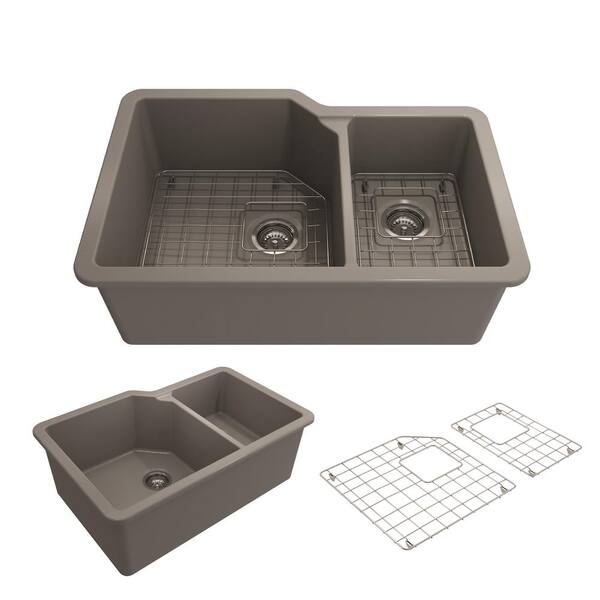 BOCCHI Sotto Matte Gray Fireclay 33 in. 60/40 Double Bowl Dual-Mount Kitchen Sink w/ Protective Bottom Grids and Strainers