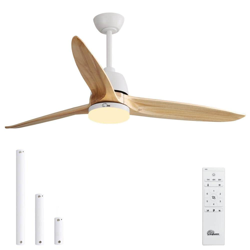 56 in. Indoor/Outdoor Wood White Ceiling Fan with LED Lights and Remote Control -  Sofucor, HT-56K001-WHYM