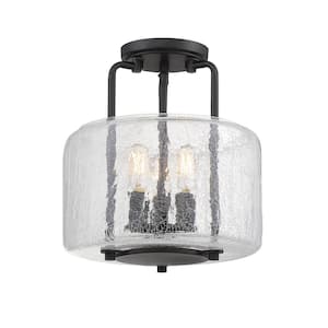 Avalon 11.38 in. W x 12.25 in. H 3-Light Matte Black Semi-Flush Mount with Clear Crackled Glass Drum Shade