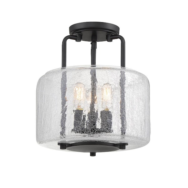 Savoy House Avalon 11.38 in. W x 12.25 in. H 3-Light Matte Black Semi-Flush Mount with Clear Crackled Glass Drum Shade