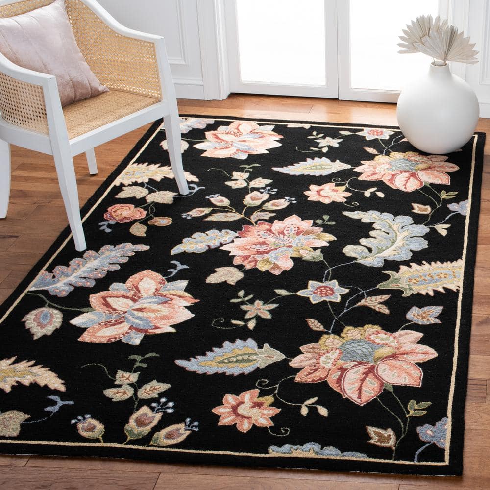 Elegant Floral Black Wool Hand-Knotted Area Rug - 2'9" x 4'9"