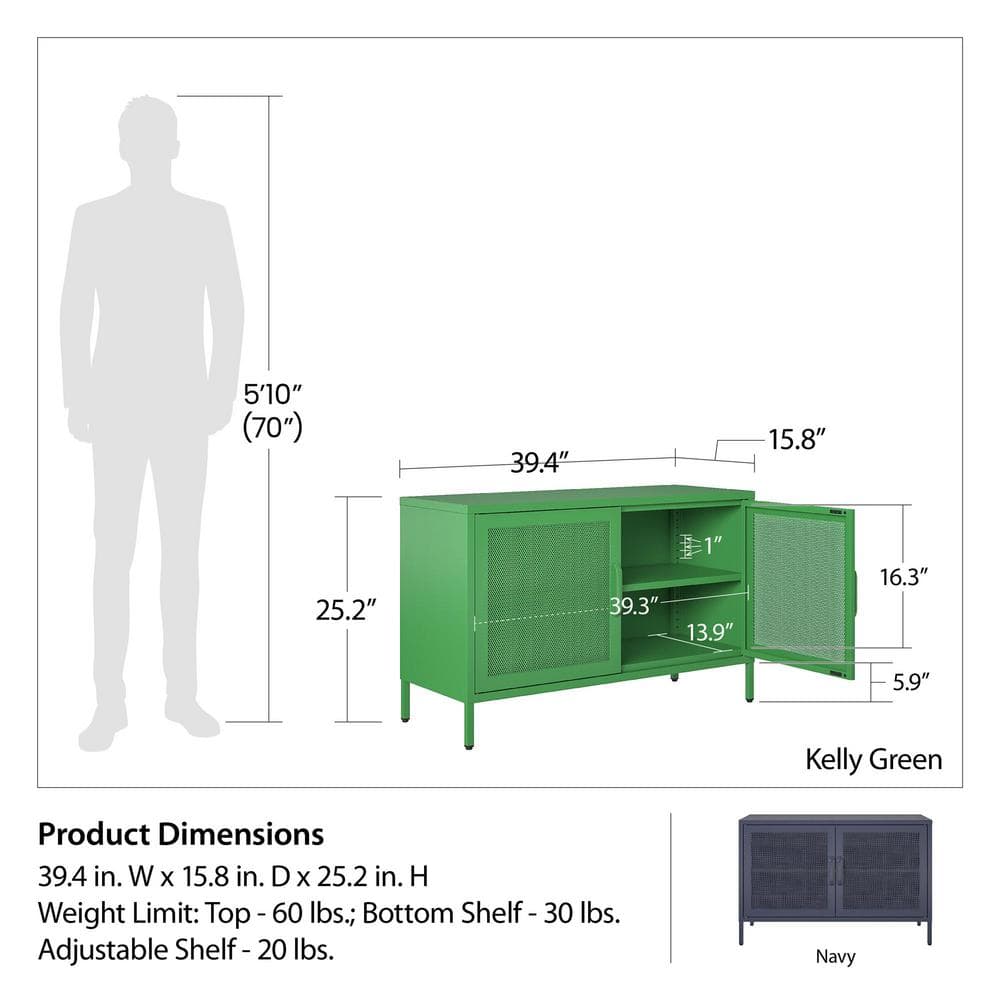 Kelly Green Metal 2 Door Storage Cabinet with Mesh Doors