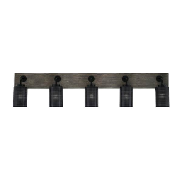 Unbranded Kirby 46.5 in. 5 Light Black and Painted Wood-look Vanity Light with 4 in. Black Matrix Glass Shades No Bulbs Included