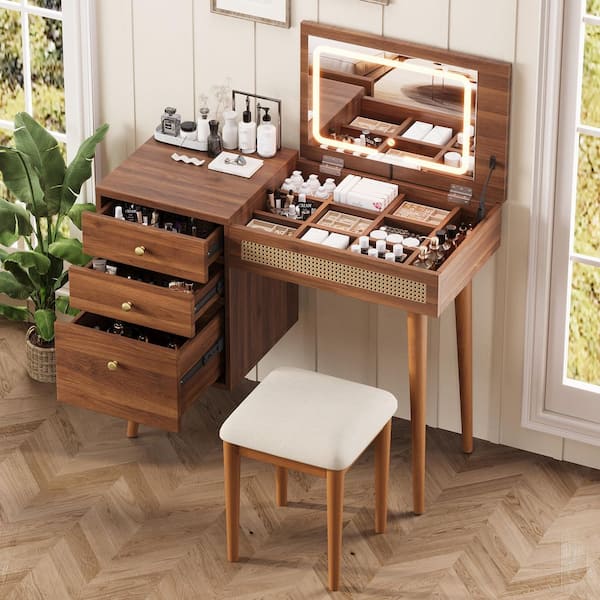 Retro 2-Piece Walnut Makeup Vanity Set with Flip Top Mirror and LED, 10 Compartments, 3-Drawers, Cushioned Stool