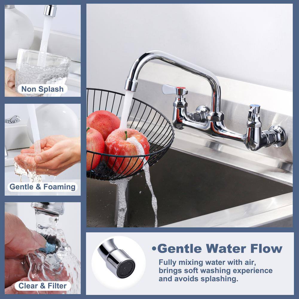 8" Dual Handle Polished Chrome Wall Mount Kitchen Faucet