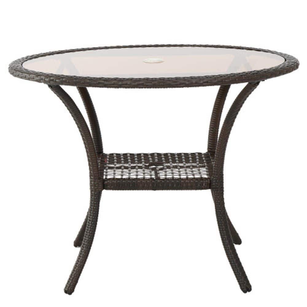 Brown Outdoor Resin Table with Tempered Glass Tabletop for Balcony, Garden,