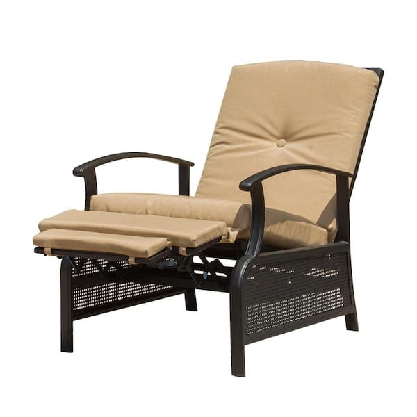 BANSA ROSE Outdoor Adjustable Metal Patio Recliner  with Comfortable 100% Olefin Beige Cushion