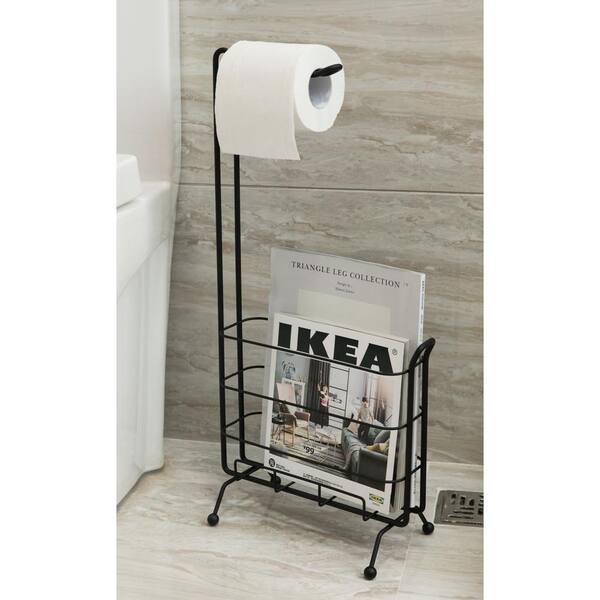 Black Metal Dual Toilet Paper Roll Holder with Gray Wood Storage Shelf and  Bottom Magazine Basket