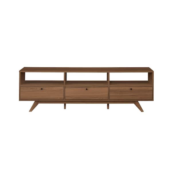 Welwick Designs 70 in. Mocha Wood Mid-Century Modern TV Stand with 3 Drop-Down Doors Fits TVs up to 85 in.