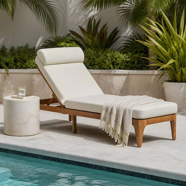 Brown Acacia Wood Chaise Lounge with Adjustable Backrest and Head