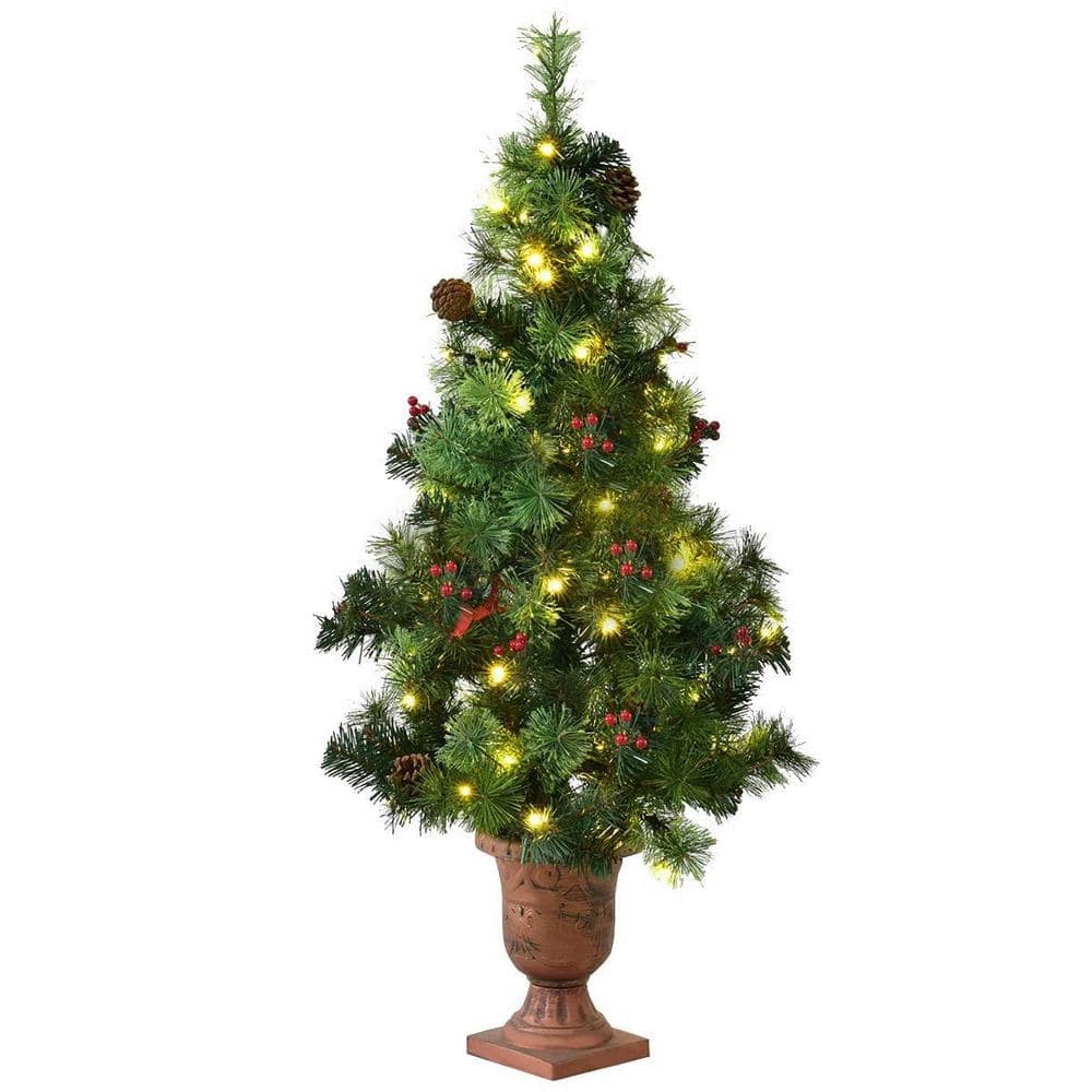 5-Foot Pre-Lit Green Christmas Tree with Pine Cones and Red Berries