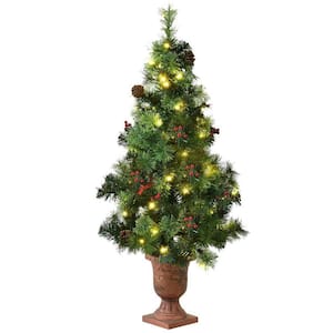 5 ft. Green PreLit Potted Artificial Christmas Tree with Red Berries and Pine Cones