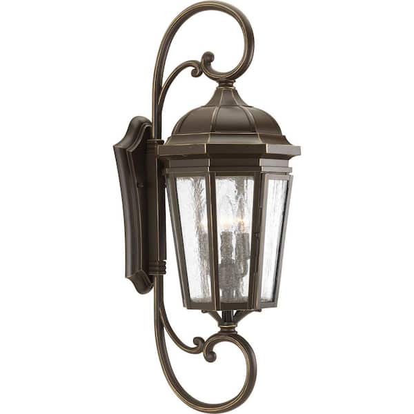 Progress Lighting Verdae Collection 3-Light Antique Bronze Clear Seeded Glass New Traditional Outdoor Extra-Large Wall Lantern Light