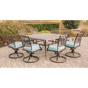 Traditions 9-Piece Outdoor Square Patio Dining Set and 8 Swivel Rockers with Blue Cushions